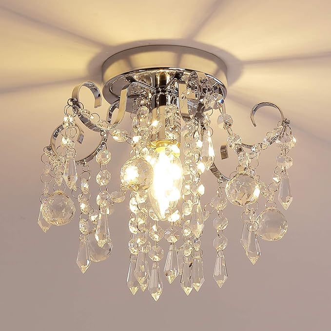 Q&S Small Crystal Chandelier,Flush Mount-Modern Mini Ceiling Light Fixture for Hallway/Entryway/Bedroom/Bathroom/Closet,Chrome Metal with K9 Crystal