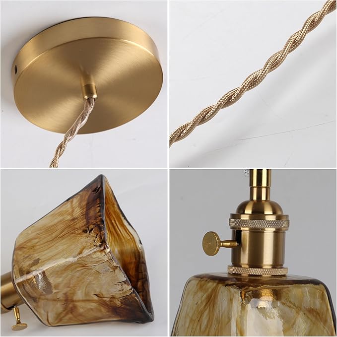 Vintage Pendant Light Fixtures, Amber Glass Lampshade with Switch Indoor Pendant Lighting for Bedside Dining Room Bathroom, Brass