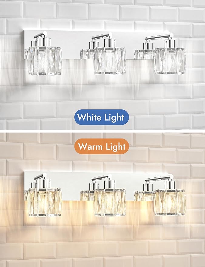 VOLISUN Crystal Vanity Lights for Bathroom, 3 Light Modern Stainless Steel Chrome Bathroom Vanity Light Fixture Over Mirror - UL Certificated (Bulb Not Included)
