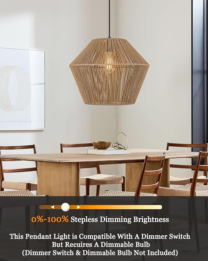 ELYONA Woven Pendant Light, 17” Modern Boho Chandelier Handwoven Rattan Basket Shade, Rustic Pendant Light Fixtures Farmhouse Ceiling Hanging Lamp for Dining Room, Kitchen Bedroom, Entryway, Foyer