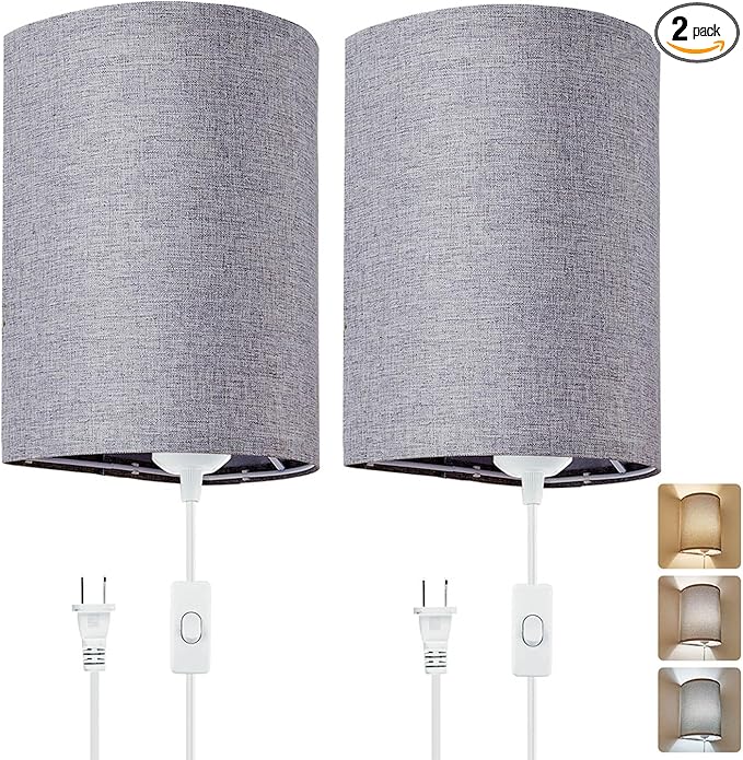 Wall Sconces Set of 2, Plug in Wall Sconces with On/Off Switch, 3-Color Selectable (3000K/4000K/6000K), Fabric Linen Lamp Shades, No Wiring Required, Ideal for Bedroom, Living Room, and Porch (Grey)