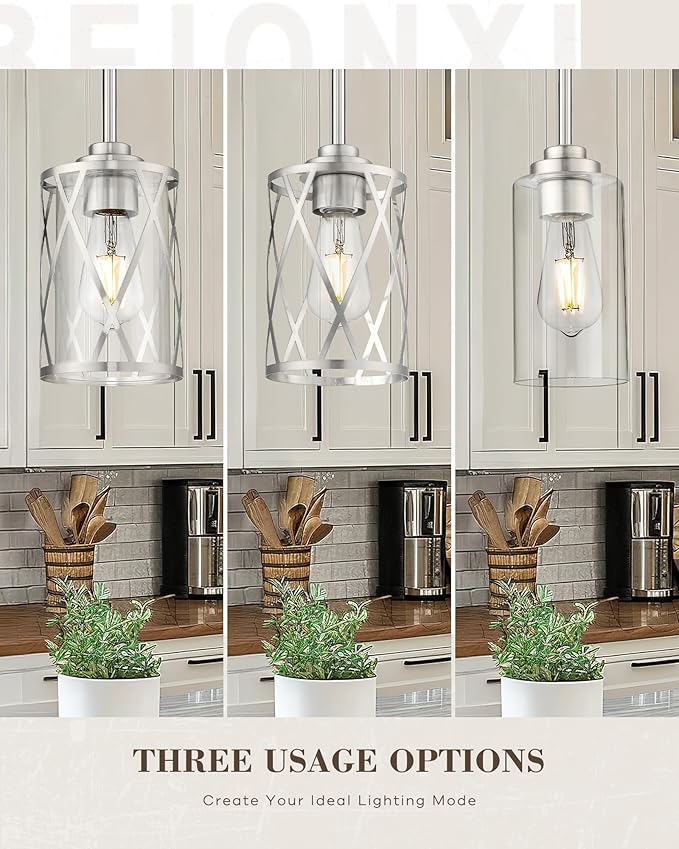 Beionxii 2 Pack Brushed Nickel Pendant Lights Kitchen Island, Glass Pendant Light Fixtures with Clear Glass and Rods, Kitchen Pendant Lighting Over Island, BX-PL07BN-2PK