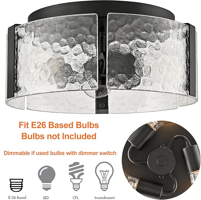 CLAXY Farmhouse Ceiling Light Fixture 3-Light Black Hallway Ceiling Light with Handmade Textured Glass Drum Shade, Dimmable Flush Mount Light for Bedroom Entryway Kitchen