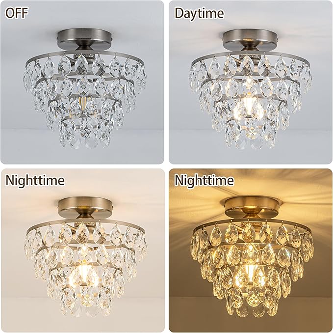 Mayful Modern Crystal Ceiling Light Fixture Chrome Semi Flush Mount Ceiling Chandelier Mini Ceiling Light for Hallway Bedroom Bathroom Living Room E26