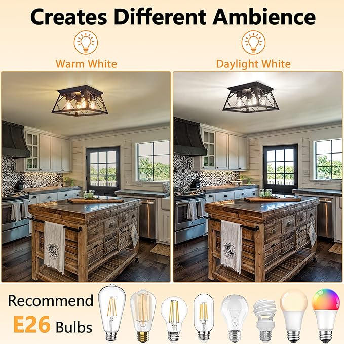 FadimiKoo 4-Light Black Flush Mount Ceiling Light for Kitchen Hallway, Industrial Close to Ceiling Lighting, Farmhouse Square Cage Lamp for Dining Room, Living Room, Bulb Not Included