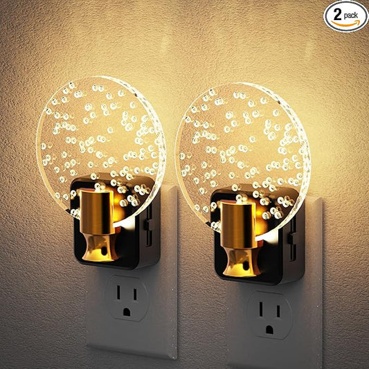 JandCase Night Light, Dimmable Night Lights Plug into Wall 2 Pack, Bubble Nightlight with Auto On/Off Light Sensor, 0-100LM LED Round Nightlights, 180°Rotatable Acrylic Nite Light for Hallway Bathroom
