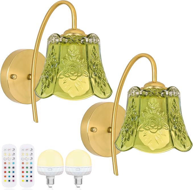 Wireless Wall Sconce with Flower lampshade, Battery Operated Wall Lights,Wall lamp with 15 Colors for Bedroom Living Room Home Decor (Green Flower,2 Light Battery Operated)