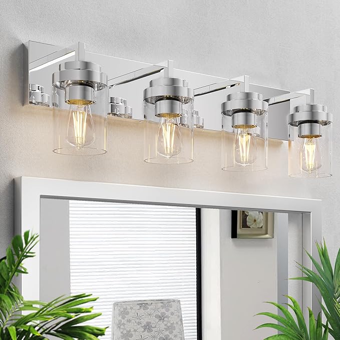 Espird Chrome Light Fixtures, 4 Light Bathroom Vanity Light with Clear Glass Shade, 30 in Modern Vanity Light, Bathroom Lighting Fixtures Over Mirror for Living Room