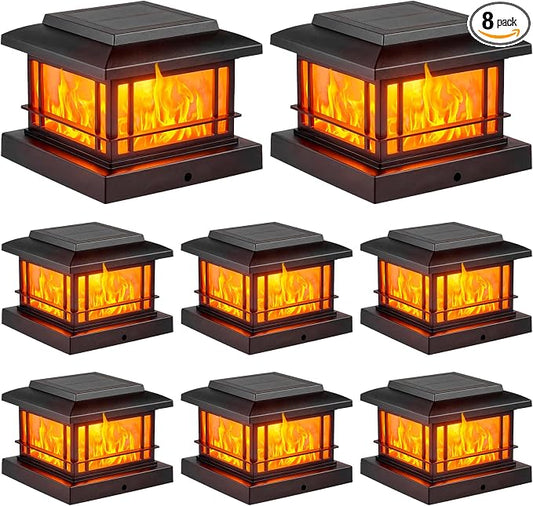 JOFIOS Flickering Flame Solar Post Cap Lights Outdoor, Black Post Lights with 3 Color Temperature, Fits 3.5" 4" 4.5" 5" Wood/Vinyl Posts, IP64 Waterproof Fence Deck Lights for Garden Patio Yard 8 Pack