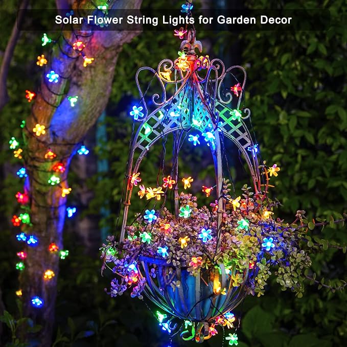 JMEXSUSS Solar String Lights Outdoor Waterproof, 2 Pack Each 30.6FT 50LED Cherry Blossoms Christmas Light, Solar Flower Lights for Garden Patio Yard Tree Party Decorations, Multicolored