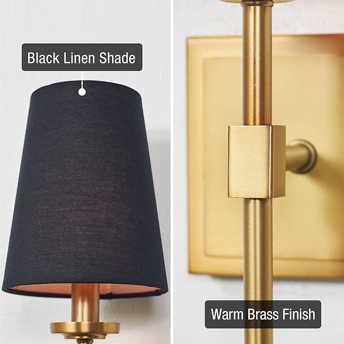 Kira Home Torche 20" Mid Century Modern Wall Sconce with Tapered Black Linen Shade, Candle Wall Light with Elongated Tail, Warm Brass Finish