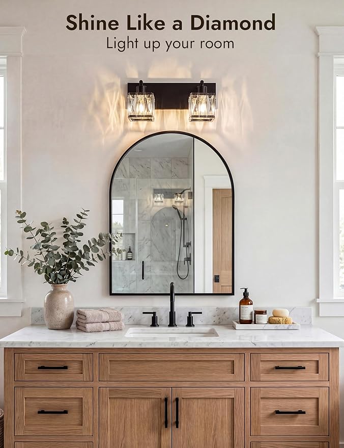 VOLISUN Black Bathroom Light Fixtures, Modern Bathroom Lighting Fixtures Over Mirror, 2 Light Bathrooms Vanity Light, Crystal Vanity Light for Bathrooms-UL Certificated(Exclude Bulb)