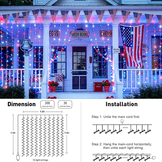 JMEXSUSS 300LED Red White and Blue Lights with Remote, 4th of July Lights Plug in, Patriots Curtain Hanging String Lights for Bedroom Wall Window Backdrop Indoor Outdoor 4th of July Decor, 9.8x9.8ft