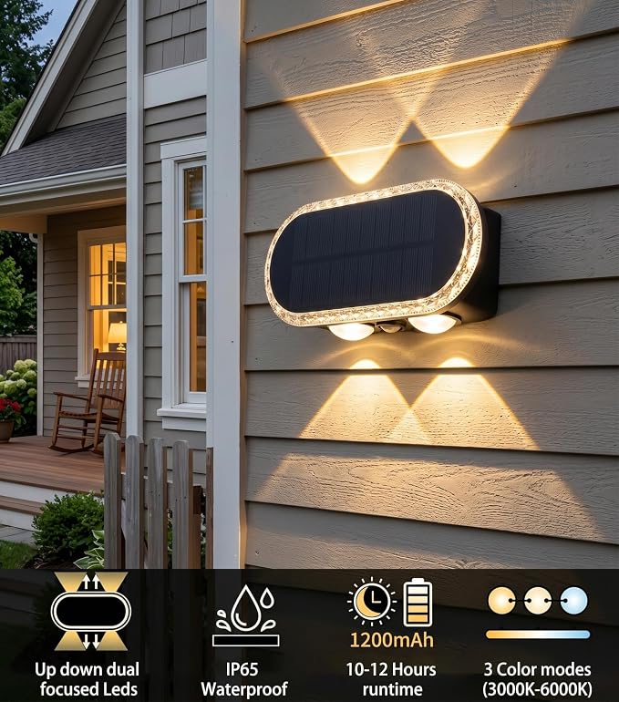Solar Fence Lights Outdoor: IP65 Waterproof Wall Lighting with Dual Focused LED Up Down - 3000K/4000K/6000K 10-12H Lasting - Easy to Install for Backyard Patio Porch 8 Pack