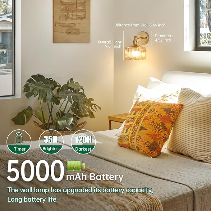 Shenmoyl Vintage Battery Operated Wall Sconce with Amber Striped Glass Lampshade 5000 mAh Rechargeable Battery Powered Wall Light with Remote Control for Bedside Bedroom Doorway, Set of 2