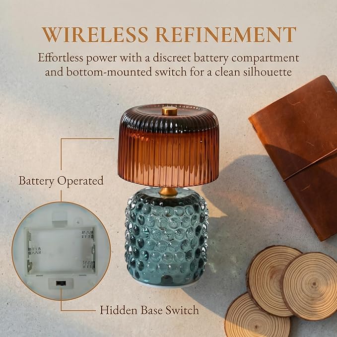 Battery Operated Table Lamp with Timer, Cordless Glass LED Night Light, Decorative Small Lamp for Bedroom Nightstand Living Room Entryway Stairway