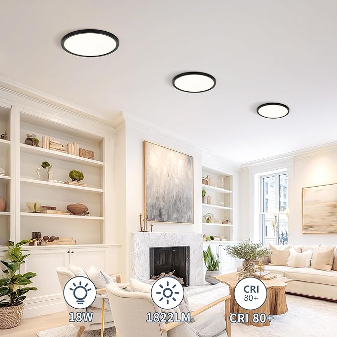 8.6 Inch 6PK LED Flush Mount Ceiling Light, ETL ,18W, 1822LM, 3000K/3500K/4000K/5000K/6500K CCT Selectable, 0.66in Ultra Thin Round Flat Panel Ceiling Light Fixture for Bedroom, Kitchen, (Black)
