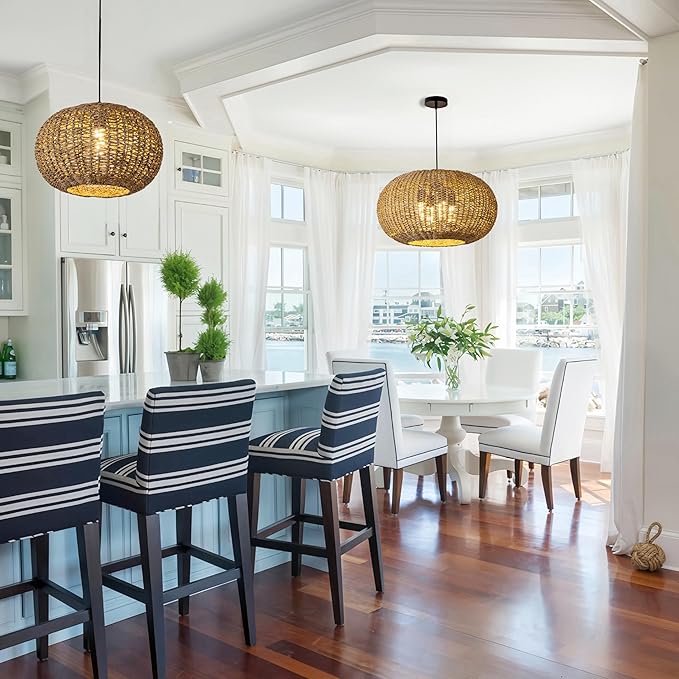 22.83in Large Rattan Chandelier Boho Wicker Hand Woven Pendant Light Farmhouse Ceiling Hanging Lighting Fixture for Living Room Kitchen Island Dining Room Hallway, 4-Lights