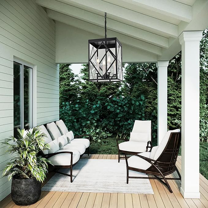 Black Exterior Pendant Lights for Porch with Clear Glass 4 Light Adjustable Hanging Lamp Farmhouse Lantern Porch Light Exterior Chandelier Ceiling Mount for Entrance Patio, White Candle Socket