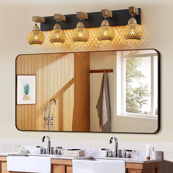 LmnLvn 5-Light Boho Vanity Light, Farmhouse Bathroom Light Fixture, Rattan Bathroom Light Fixture Over Mirror Rustic Vanity Lighting with Handmade Bamboo Shades, Suit for Restroom, Bedroom, Hallway