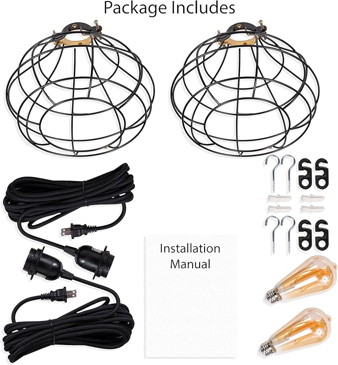 Rustic State Pendant Light Shades Light Bulb Covers 15" Fabric Plug-in Cord with Toggle Switch Edison LED Bulb - Lamp Cage Pendant Light Cover - Set of 2 - Black