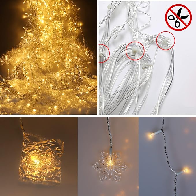 weillsnow Christmas Decorations, 360 LED Icicle Lights with Snowflake, 29.5 FT 72 Drops Icicle Light with 8 Modes，Connectable Warm White String Lights for Outdoor Eaves, Railing, Xmas Decor
