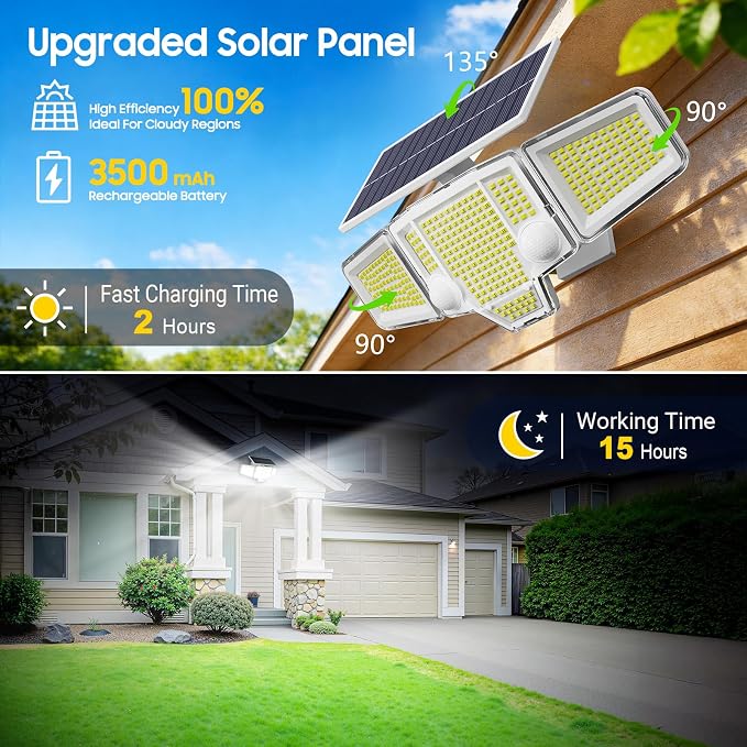 2026 Motion Sensor Solar Lights Outdoor with Dual PIR & Curved 300° Wide Beam, 4000LM Solar Flood Lights Larger 3500mAh, Adjustable Solar Security Spot Lights Waterproof for Yard-2Pack White