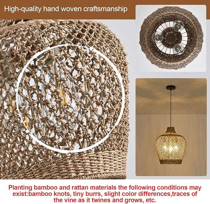 18.9" Rattan Pendant Light Fixtures,Boho Rattan Pendant Light,3-Light Hand Woven Seagrass Chandelier for Workplace Occasions Restaurants Dining Living Bedroom Kitchen Farmhouse