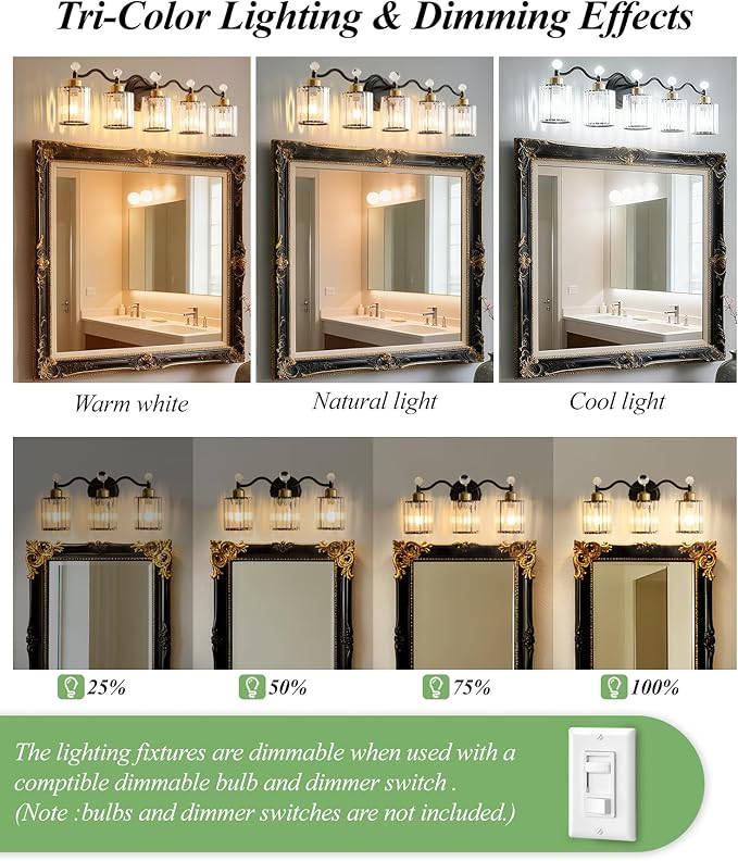 Modern Crystal Bathroom Vanity Light,Balck and Gold 4-Lights Bathroom Light Fixtures, Vanity Light Fixtures Over Mirror, Glass Wall Sconce Light for Bedroom, Kitchen, Living Room, Gallery, E26 Base