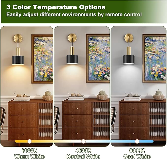 Battery Operated Wall Sconces Set of Two, Black & Gold Wireless Rechargeable Wall Lights with Remote, 15 Colors Dimmable LED Wall Lamps, Modern Cordless Sconce for Bedroom Living Room Hallway