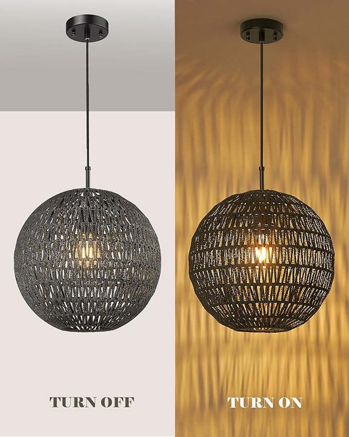 ELYONA Modern Woven Chandelier, 14" Large Boho Rattan Pendant Light Fixtures, Adjustable Globe Wicker Hanging Light for Dining Room Living Room Kitchen Island Farmhouse Foyer Bedroom Hallway, Black