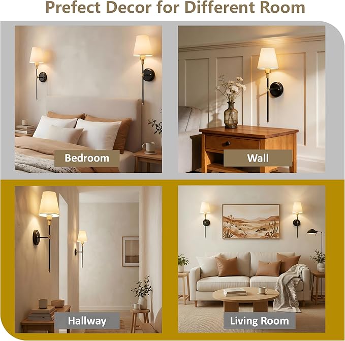 DORESshop Battery Operated Wall Sconce Set of 2, Wireless Wall Light Easy to Install, 7 Color Rechargeable Wall Sconces, Sconce Wall Decor Set of 2 for Bedroom, Living Room, Gold and Black, 24.6in