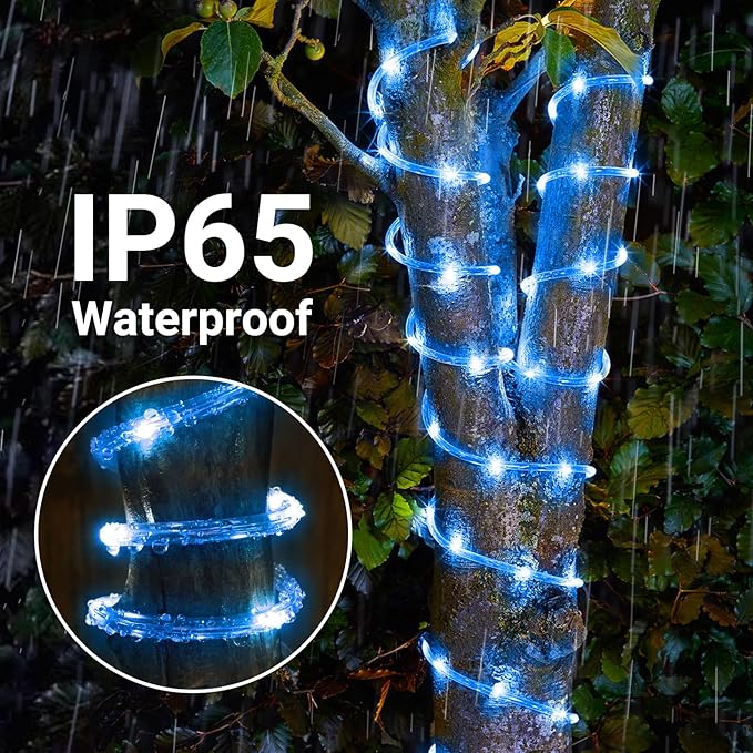 Jnaurb Solar Rope Lights, 2 Pack Total 66ft 200LED Solar String Lights, 8 Modes Waterproof Solar Outdoor Light, Flexible Clear Trampoline Light for Garden Yard Patio Deck Porch Pool Tree Decor - Blue