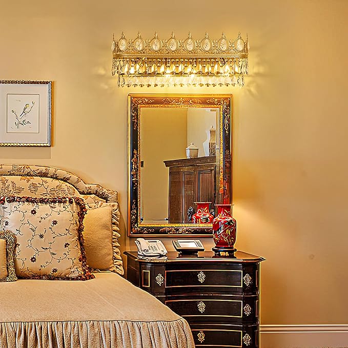 TOCHIC Bathroom Vanity Light Fixtures Over Mirror 4 Lights Gold Crystal Bathroom Wall Light Fixtures Indoor Dimmable, Farmhouse Vintage Sconces for Mirror Cabinets, Powder Room, Bedroom, 24.5” L