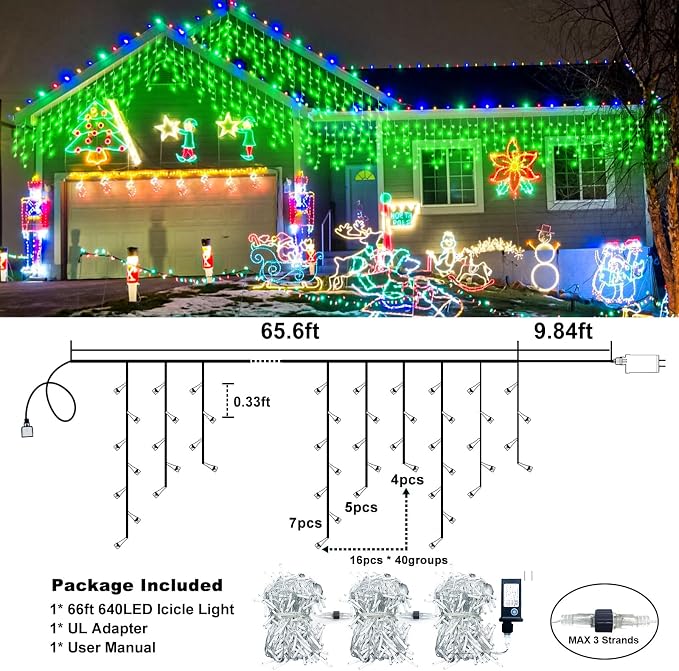 Icicle Christmas Lights Outdoor - 66FT 640 LED Icicle Lights for Outside with 8 Modes Timer, 120 Drops Waterproof Connectable Hanging String Lights Indoor House Party Roof Yard Decorations, Green