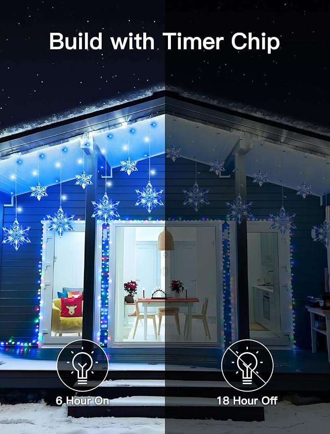 Christmas Snowflake Lights,8.2ft 144LED Curtain Icicle Lights with 12 Drops,Connectable 8 Modes Timer Xmas Icicle Light Plug in for Bedroom,Window,Wedding,Indoor Outdoor Decor,Blue White