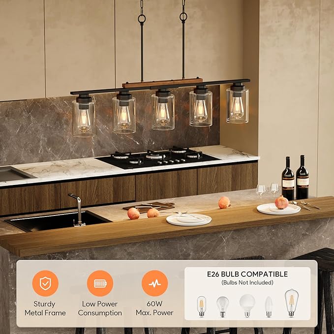 VONLUCE Dining Room Light Fixture Over Table, 5-Light Kitchen Island Lighting with Glass Shade and Adjustable Rods, Farmhouse Linear Chandelier Pendant Light for Kitchen Living Room, Matte Black