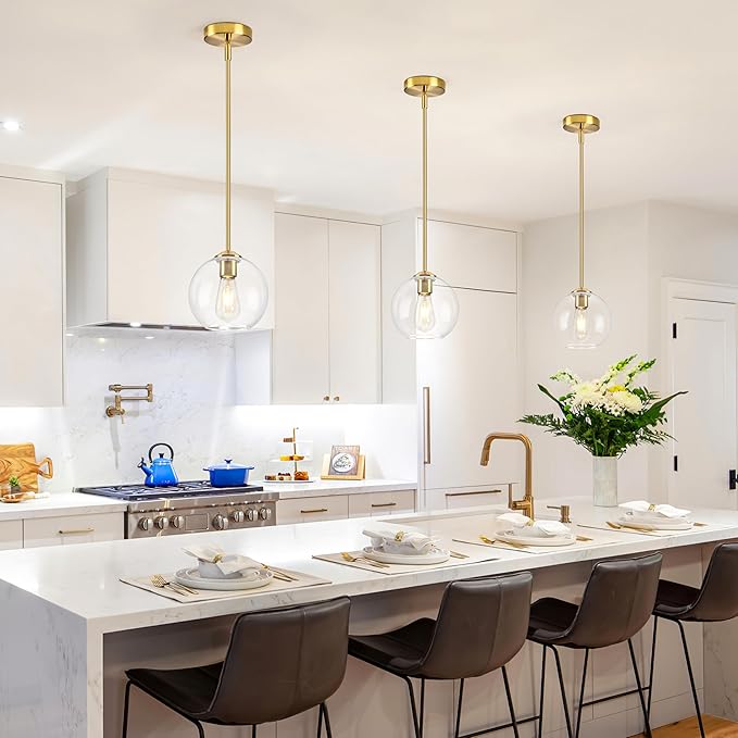 7 Inch Brass Modern Pendant Lights Kitchen Island Mid Century Modern Pendant Light Fixtures with Clear Glass Globe Modern Hanging Pendant Light for Bathroom Bedroom （Bulb Incl）