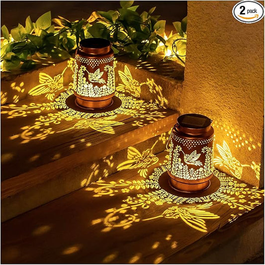 2 Pack Hummingbird Solar Lanterns Outdoor Waterproof Hanging Solar Lights Hummingbird Gifts for Women Men Metal Decorative LED Lights for Garden Decor,Yard,Patio,Lawn,Tabletop,Pathway,Landscape