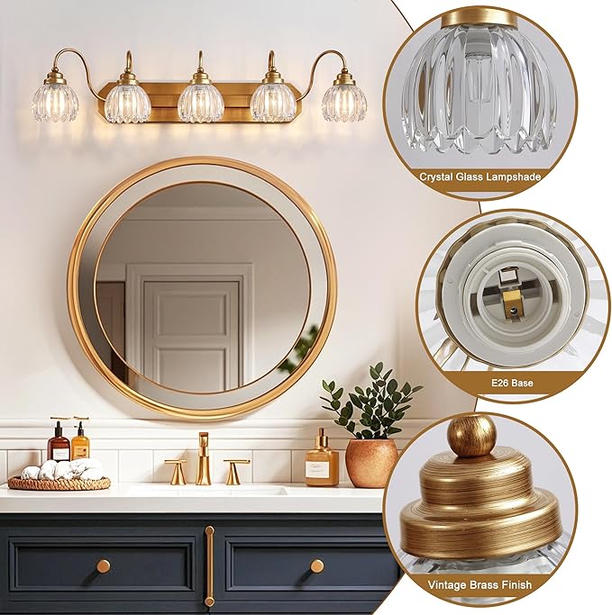 Gold Vanity Light, Vintage Bathroom Light Fixtures, 5-Light Matte Antique Brass Finish with Crystal Glass Shade, Mid Century Style Wall Sconces for Bedroom, Living Room