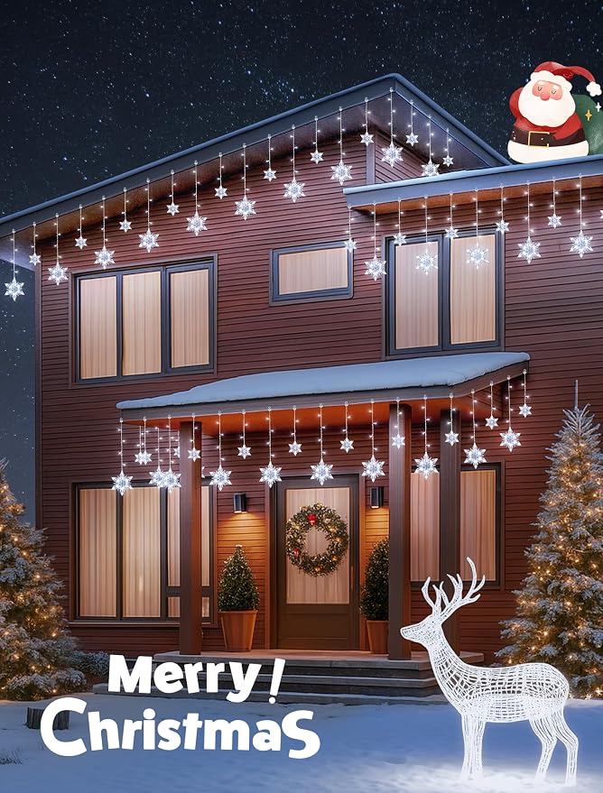 Christmas Snowflake Icicle Lights,8.2 FT 144 LED Snowflake Lights Outdoor with Timer,8 Modes Waterproof Connectable Christmas Light Plug in for Curtain Eave Window Indoor Outdoor Decor(White)