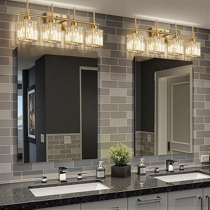 Torondo Modern Crystal Bathroom Vanity Light 4-Lights Brushed Gold Bathroom Light Fixtures Over Mirror Brushed Gold Vanity Lighting Fixtures Square Shade Brass Wall Sconce (Bulbs Not Include)