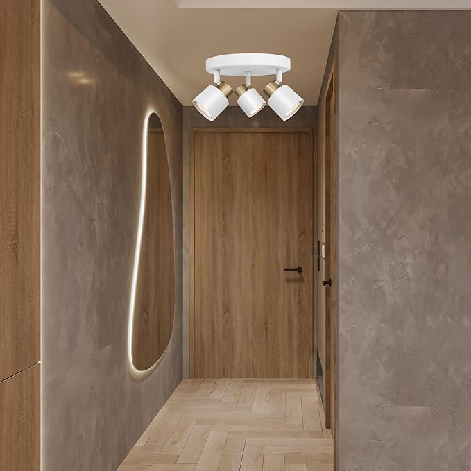 3 Light Track Lighting Kit, Matte White Brass Finish Canopy with Moden Flush Mount Ceiling Spotlight for Kitchen,Dining,Living Room,Home Improvement