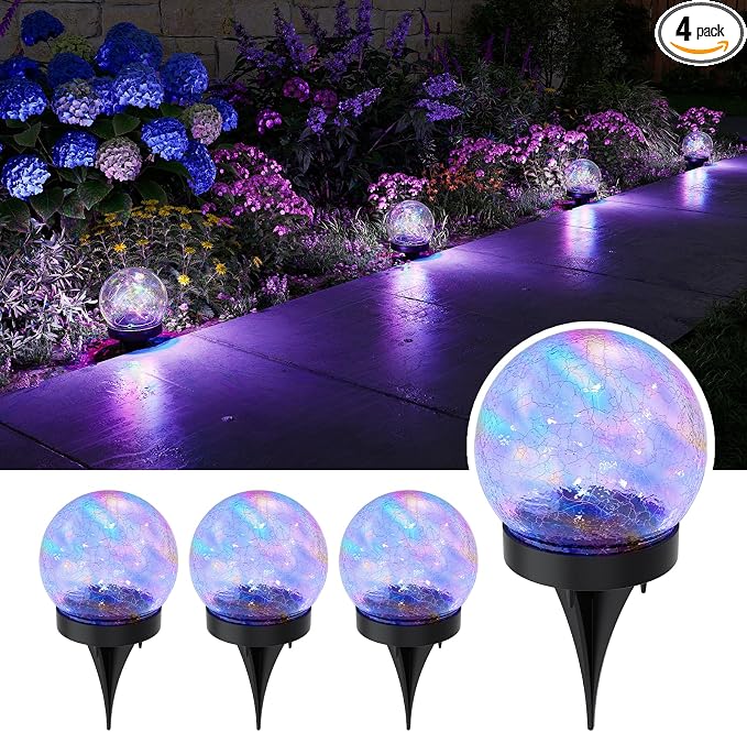 4 Pack Multicolor Solar Powered Cracked Glass Ball Lights Outdoor Waterproof LED RGB Ambiance Orbs Lamps for Outside Garden, Patio, Table, Walkway, Stairs, Lawn, Landscape Decor with Durable Stakes