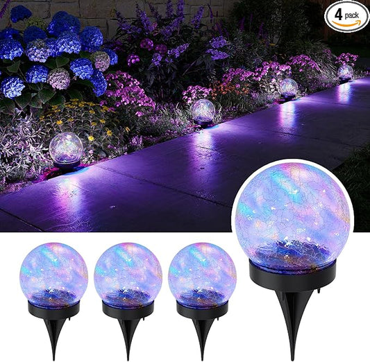 4 Pack Multicolor Solar Powered Cracked Glass Ball Lights Outdoor Waterproof LED RGB Ambiance Orbs Lamps for Outside Garden, Patio, Table, Walkway, Stairs, Lawn, Landscape Decor with Durable Stakes