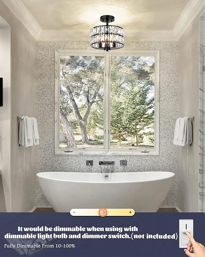 CALDION 11" Crystal Ceiling Light Fixture, 3-Light Semi Flush Mount Ceiling Lights, Modern Chandelier with Black Metal Finish for Bathroom, Dinning Room, Hallway, Bedroom, 6869SM-BK-3
