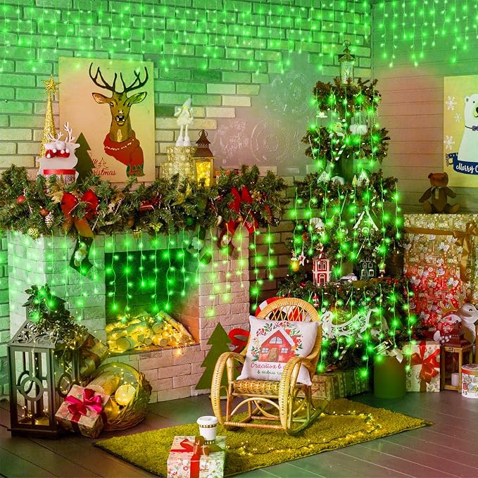 Icicle Lights for Outside - 33FT 400 LED Icicle Christmas Lights Outdoor with 75 Drops 8 Modes, Waterproof Connectable Curtain Hanging Lights for Indoor Eaves Patio Party Halloween Decorations, Green