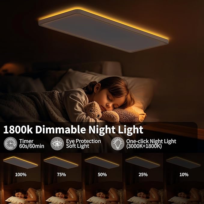 MOONSEA 23 Inch LED Flush Mount Ceiling Light with Remote Control 3200LM, 32W + 6W Backlight Rectangle Surface Mount Ceiling Light, for Bedroom, Kids Room, Party, White