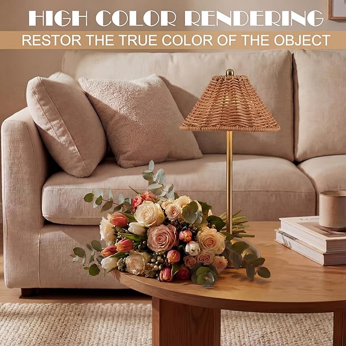 2 Pack Wedding Rattan Bow Cordless Table Lamps Rechargeable, Wicker LED Desk Lamp, 3 Colors Smooth Dimming, Portable Table Decor with Bows for Dining