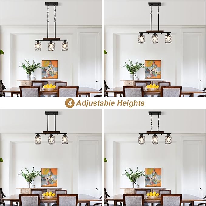 3-Light Dining Room Light Fixture/Chandelier Over Table, Island Lighting Hanging for Farmhouse Linear Chandeliers Matte Black Rustic Wood Ceiling Pendant Light Fixtures, with Clear Glass Shade